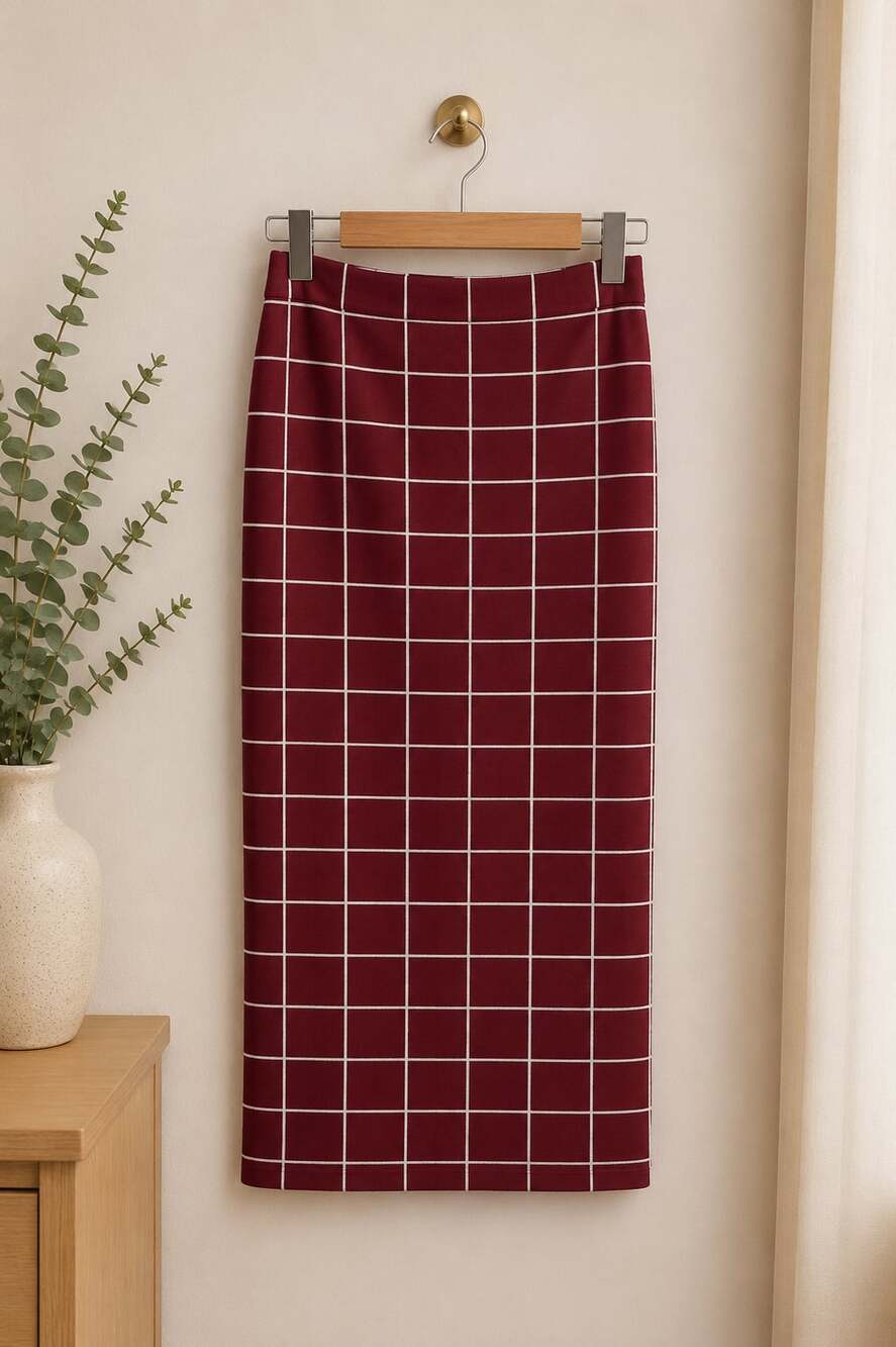 Red and White Grid Print Midi Pencil Skirt